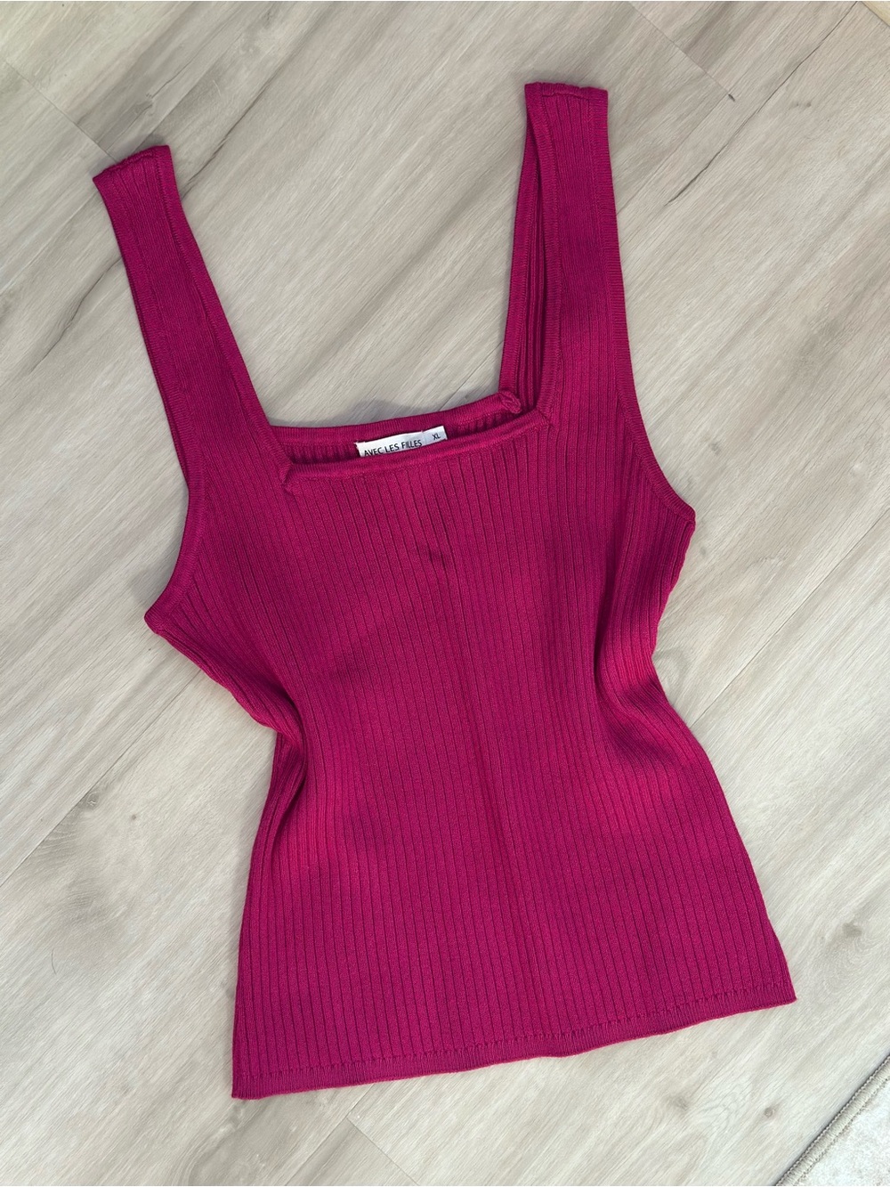 Avec Les Filles Magenta Ribbed Knit Square Neck Tank Top XL